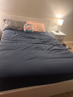 White Bed Frame with Headboard, queen mattress and nightstands