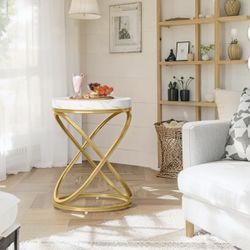 White And Gold Tall Round End Table 26” Inches Modern Elegant Side Chair Table 