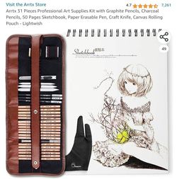 Arrtx 31 Pieces Professional Art Supplies Kit with Graphite Pencils, Charcoal Pencils, 50 Pages Sketchbook

