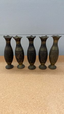 Set of 5 Brass Etched Bud Vases