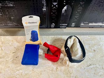 NWOT: PAIR Outdoor Products Valuables Dry Bags: Small Lightweight Red/ Black Bag & Clear/ White Heavy Canvas Bag & NIB: Blue Outdoor Products Backpack