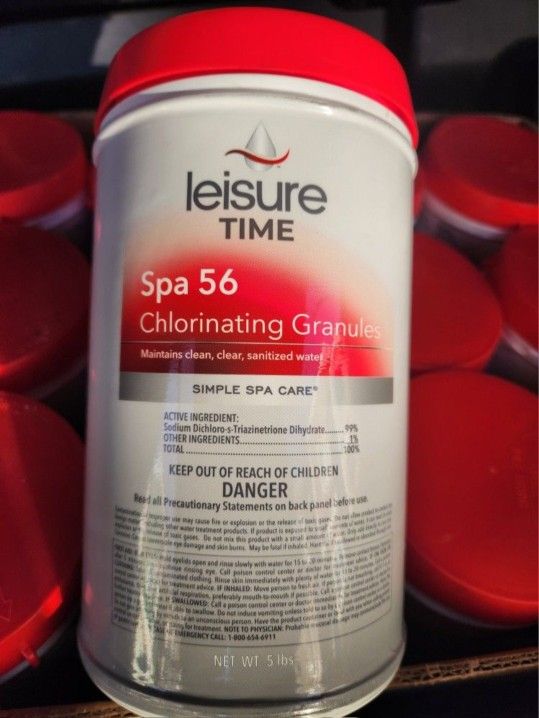 Leisure Time E5 Spa 56 Clorinating Granules for Spas and Hot Tubs. We have 12 containers, one container for 5 pounds. $250 for all 12 containers or on