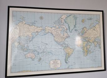 Large Vintage World Map in Black Wood Frame