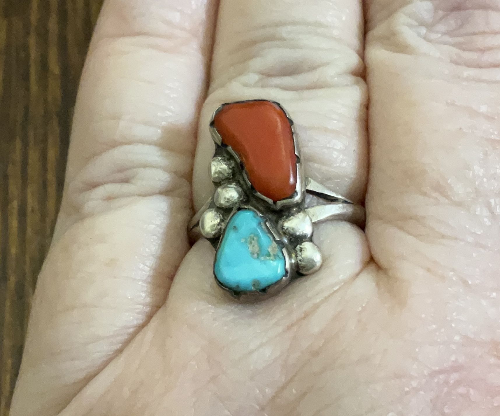 Turquoise, coral sterling silver vintage ring size 7