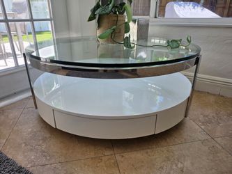 Modern Round Glass Coffee Table w/ Storage & Casters – White Lacquer