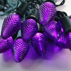 C9 Christmas Lights Purple, 50 LED 32FT Outdoor Hanging Christmas Roofline Lights for Outdoor Patio Decor, Colored, Dark Green Wire,End to End(Purple)