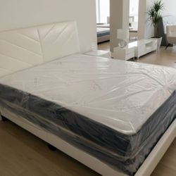 Queen Size Bed Frame White Platform Bed With Mattress And Box spring Set // Cama Queen Size Nueva 
