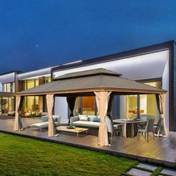 14x24FT Hardtop Gazebo, Outdoor Gazebo with Galvanized Steel Double Roof, Aluminum Frame, Built-in Gutter System, Curtain and Netting, Metal Gazebo Pa