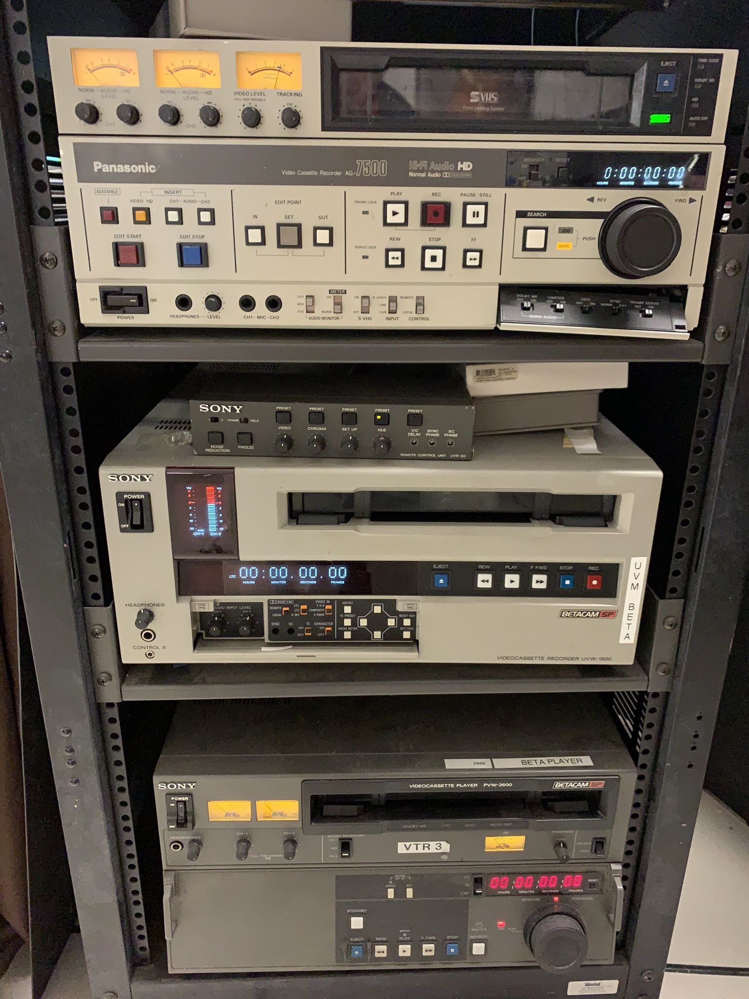 2 Sony Betacam Sp & VHS Deck With TBC & Rack Cabinet