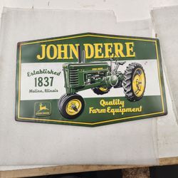 Retro John Deere Farm Tractor Equipment Embossed Metal Sign 