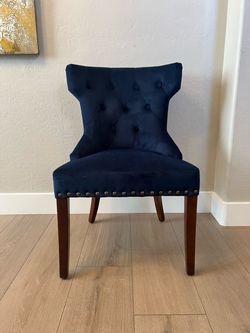Modern PIER ONE Blue Velvet Button Tufted Sophie Accent Chair w/ Paisley Back & Nailhead Trim