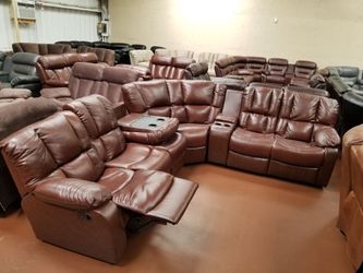 Brand new shava burgandy genuine real leather recliner sectional with cup holders
