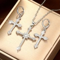 1 Pair Cross Drop Dangle Earrings + 1 Cross Necklace Silver Plated Jnlaid Cubic Zirconia Set For Men & Women 