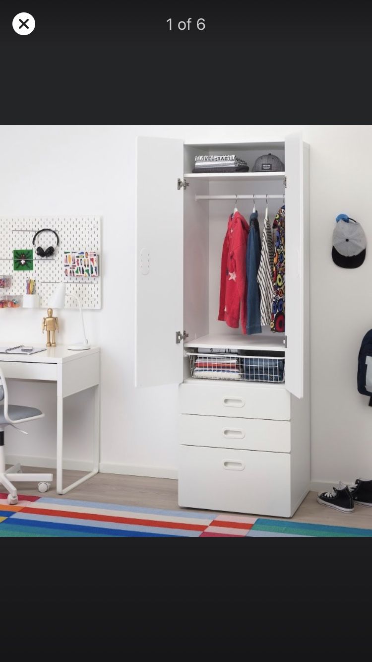 White dresser with hangers + drawers