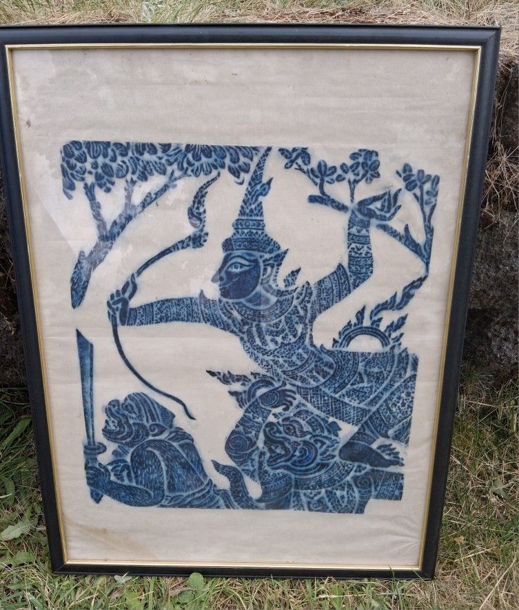 Vintage 1960s Thai Temple Ramakien Rubbing On Rice Paper Asian Decor Wall Hang Decor Picture Frame