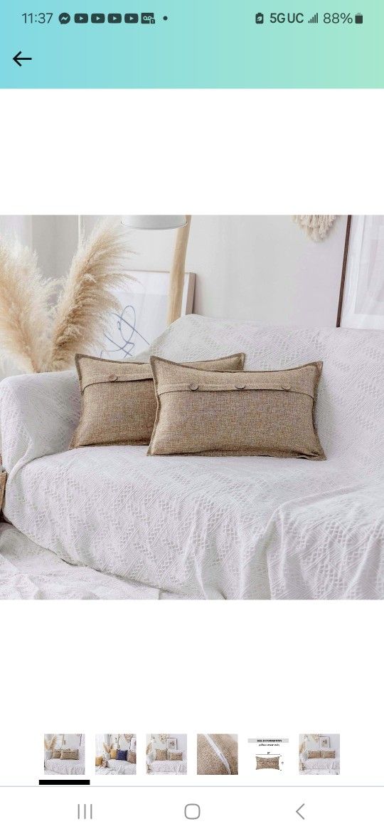 Home Brilliant Lumbar Pillow Cover Button Linen Decorative Pillowcases for Couch Sofa Bed, 30 x 50 cm, 12x20 inch, 2 Pack, Natural Linen