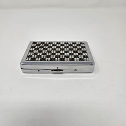 Vintage Rhinestone Checkerboard Cigarette Case Business Card Holder Metal Box