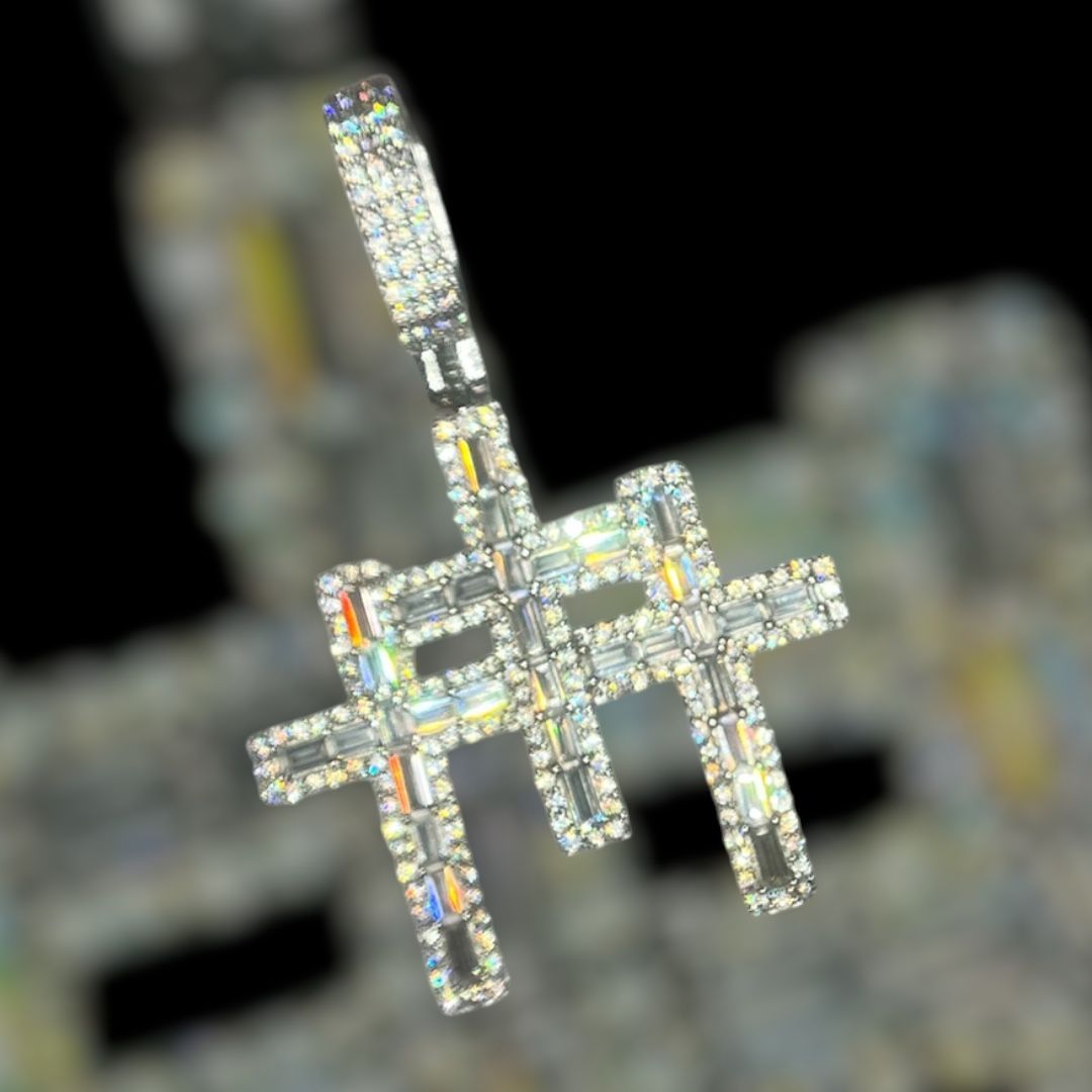 Iced-Out Triple Cross Pendant with Baguette Stones