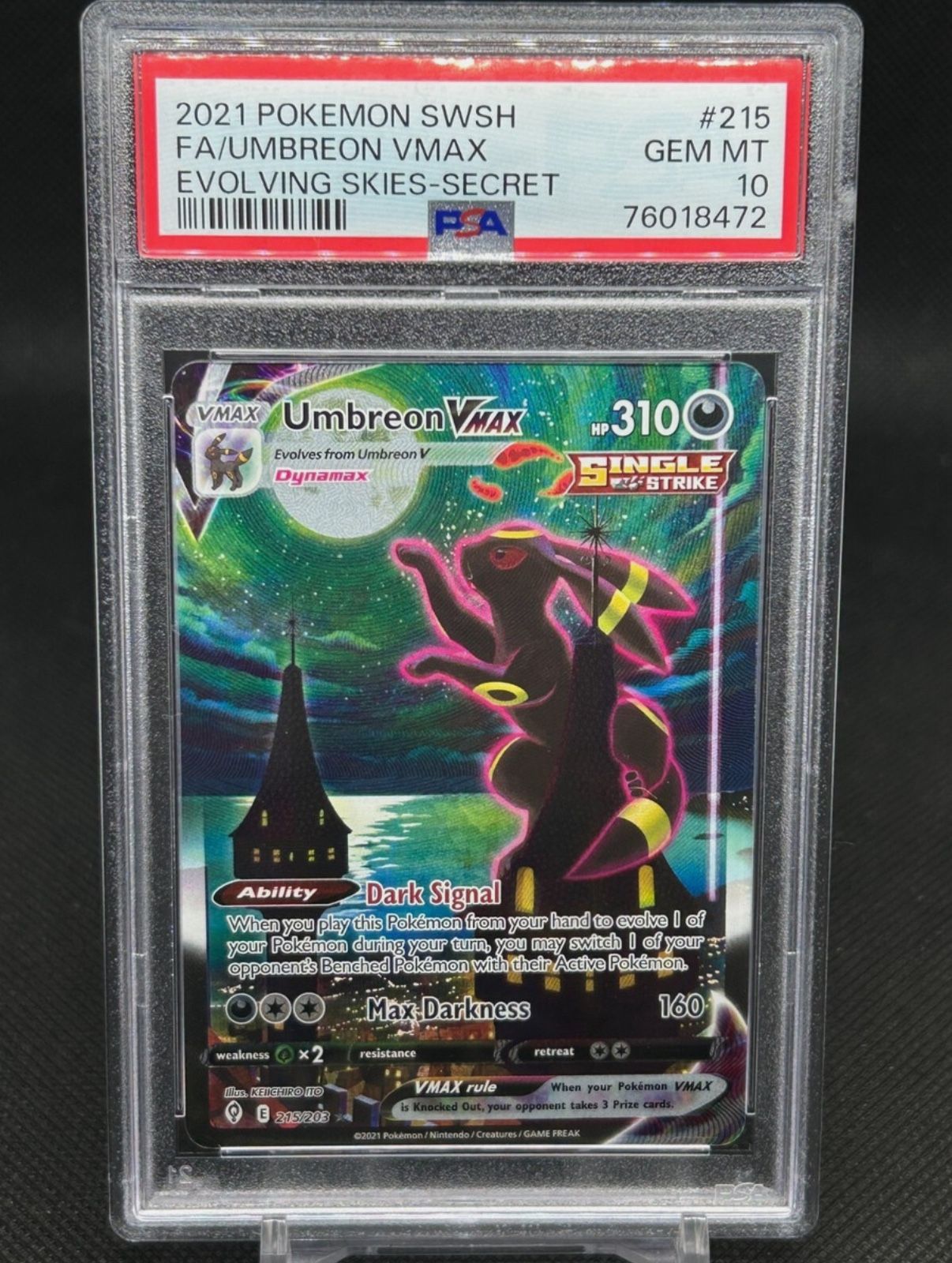Evolving Skies UMBREON VMAX FA Secret MOONBREON #215/203 PSA 10