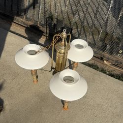 Vintage brass chandelier white milk glass shades