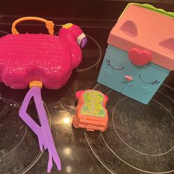 Lot of 3 Polly Pocket Sets Flamingo, Cat Box, and Mini Bear