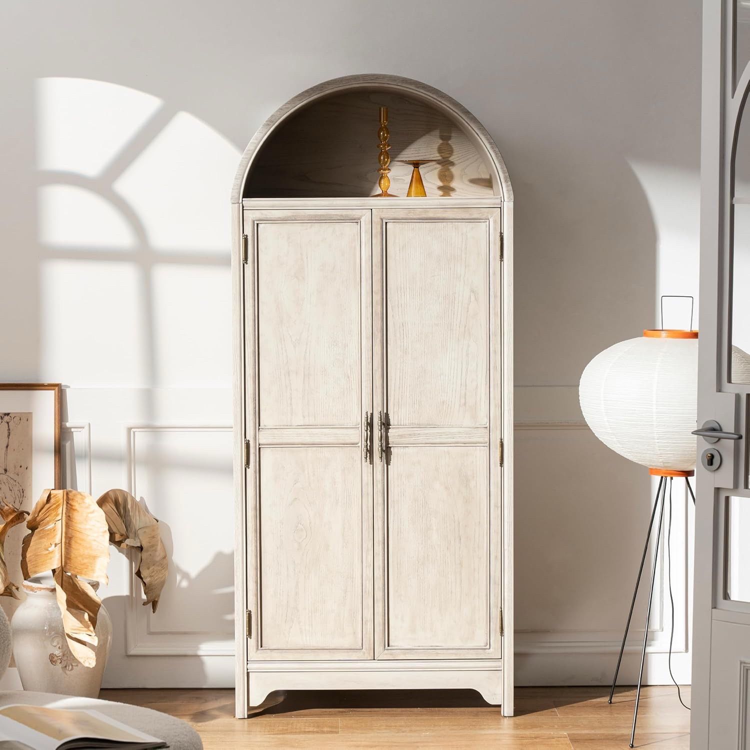 Arched Storage Cabinet- Natural Wood Veneers & Water Based Paint Finished- Vintage 71 Inch Tall 5-Tier Bookcase with 2 Doors,Accent File Cabinet for L