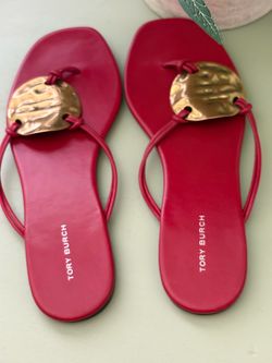 Tory Burch Red Leather Slide Sandals with Gold Disc Accent