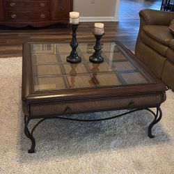 Glass Top, Wood And Metal Table Great Condition With Drawers 
