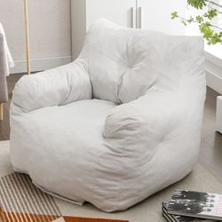40” White Bean Bag Chair, Soft Cotton Linen Bean Bag Chair with Filler [NEW]