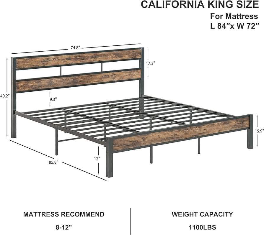 LIKIMIO California King Bed Frame wtih Headboard, Easy Assembly, Noise-Free, No Box Spring Needed, Heavy Strong Metal Support Frames, Vintage Brown(00