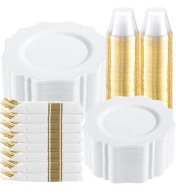 COLOSUS 350pcs White Plastic Plates Disposable Gold Cutlery Dinnerware set for party: 50 Dinner Plate, 50 Dessert Plate, 50 Per Rolled Napkins with Go