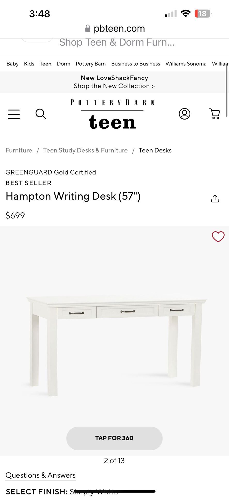 Pottery Barn Hampton Writing Desk