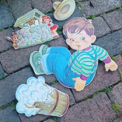 Vintage 50s Dolly Toy Co Jack & Jill bunny nursery rhyme board cutout wall art