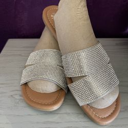 Silver - Size 6 - Double, Wide Strap, Embellished Sandals