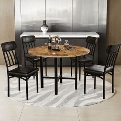  Round Dining Table Set for 4,Wood Round Kitchen Table and Chairs Set for 4,Modern Dining Room Table Set with 4 Faux Leather Chairs,Round Dinner Table