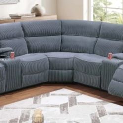Brand New Grey Corduroy Reclining Sectional Sofa