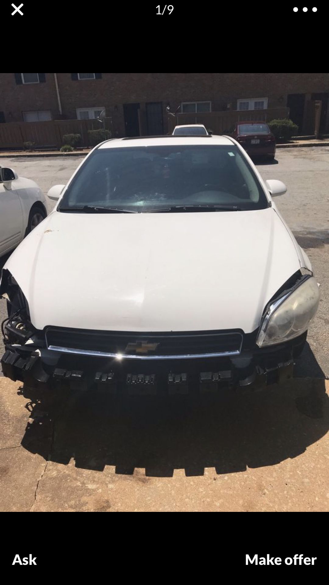 2011 Chevy impala a shattered window and only the front end of the car is damaged it still runs, but for parts only, has great motor and transmission