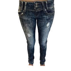 PREMIERE Low Rise Skinny Jeans – Distressed Dark Wash with Rhinestone Detail