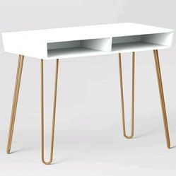 White and Gold Hairpin Writing Desk with Storage