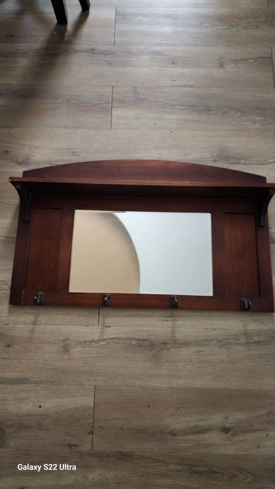 Wood Shelf With Mirror/ Coat Rack