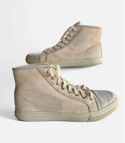 Gucci GG Pattern High-Top Sneakers Light Gray/ Beige Leather Size 8 Mens