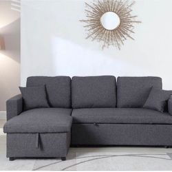 Grey Sectional Sofa Pull- Out Bed and Storage Chaise  