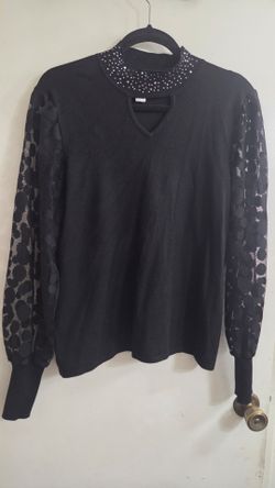 Black Sweater with Lace Sleeves and Rhinestone Collar