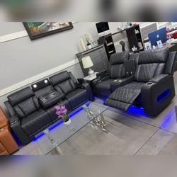 Modern Blackish Gray Breathable Leather & PVC Intelligent 2 pc power Recliner Living Room Sofa set