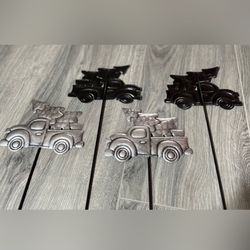4 NEW Silver Vintage Pickup Truck Yard-Plant Stakes Christmas Decor 