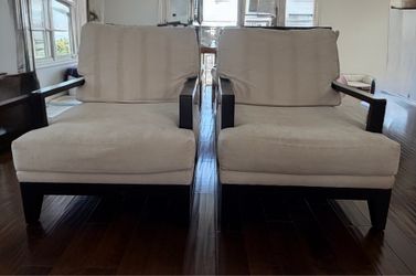 Pair of Modern Accent Chairs - Sleek Black Frame & Off-White Cushions