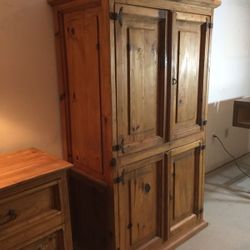 Solid Pine furn. Set : Large armoire, 8 Drawer dresser ( sideboard) , desk , file Cabinet,,  2 matching End Table Cabinets &one table w/open Cabinet)