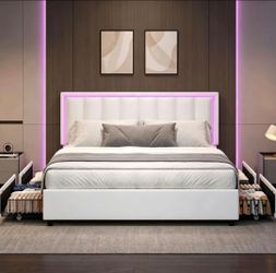 Full Size Bed Frame with Headboard and 4 Storage Drawers, Faux Leather Upholstered Platform Bed with LED Lights, Metal and Wood Slats, No Box Spring N
