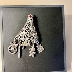 Solid Real Silver  Christmas Tree  Brooch With Charms Hanging 