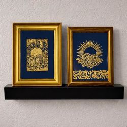 Hand Painted Celestial Art Set | Gold Sun & Navy Waves | 2 Framed Acrylic Paintings | Mystical Boho